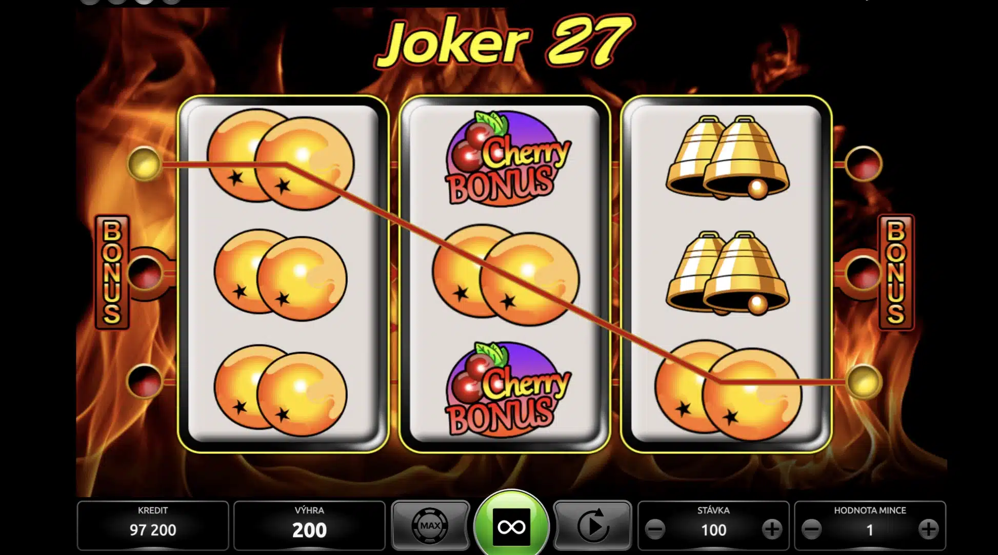 Valce automatu Joker 27 s pomarančmi, zvonmi a symbolom Cherry Bonus