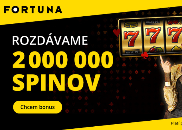 Žltočierny banner Fortuny s dvoma miliónmi spinov a automatom so sedmičkami