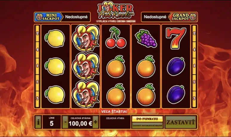 Valce hry Joker Hot Reels so žolíkmi, citrónmi a plameňmi po stranách