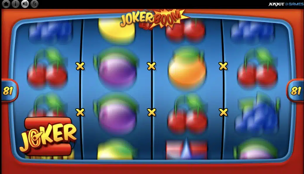 Valce automatu Joker Boom s hroznom, čerešňami a citrónmi