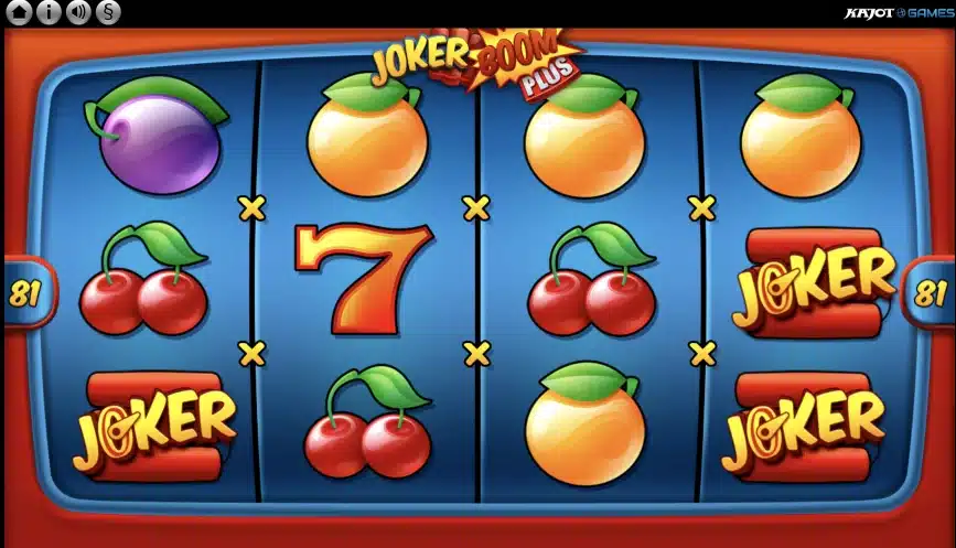 Valce hry Joker Boom Plus s pomarančmi, čerešňami a symbolmi Joker