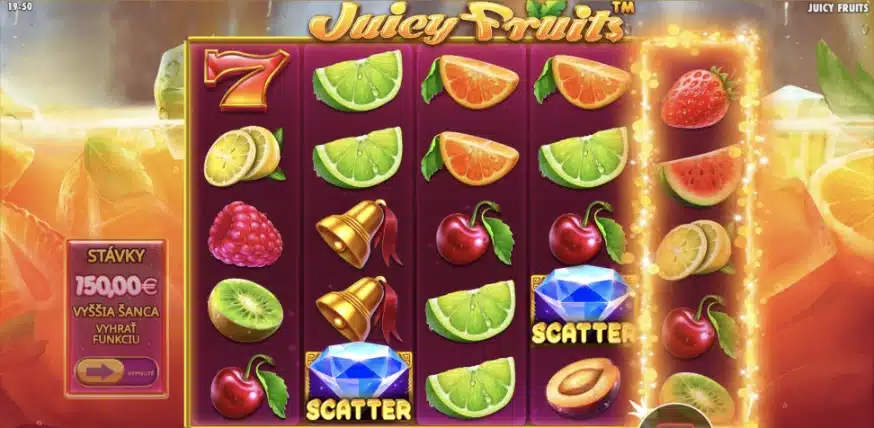 Valce hry Juicy Fruits s dvoma modrými symbolmi Scatter