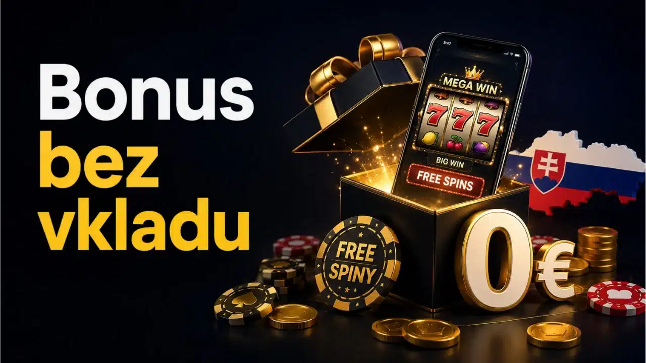 Nápis Bonus bez vkladu s mobilom, žetónmi a mapou Slovenska