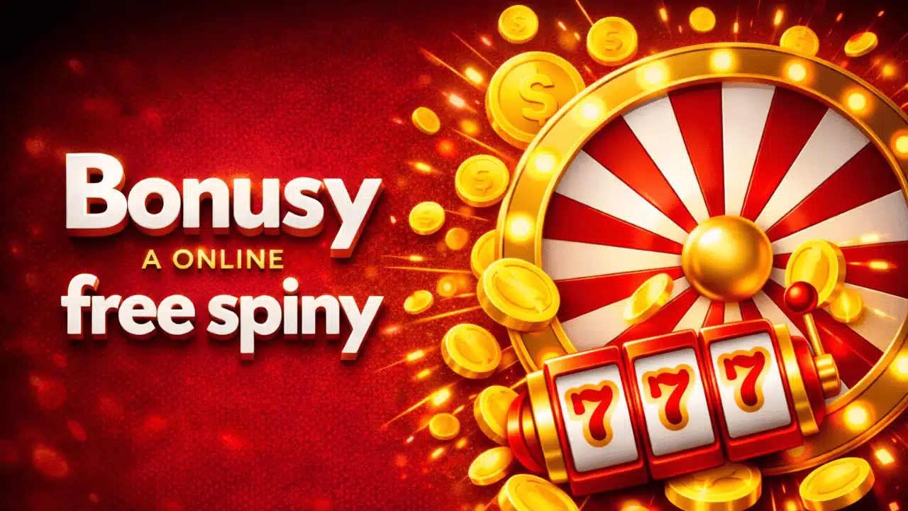 Nápis Bonusy a online free spiny s kolesom šťastia a sedmičkami