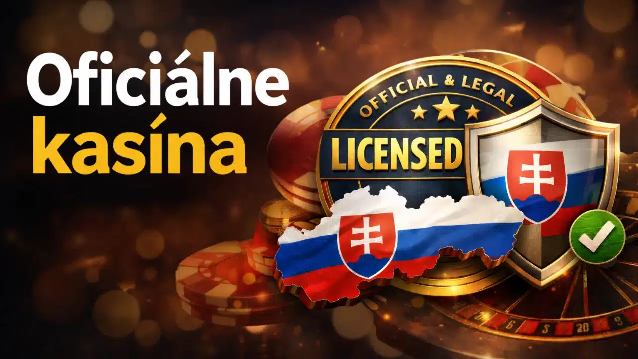 Nápis Oficiálne kasína so štítom Licensed a mapou Slovenska