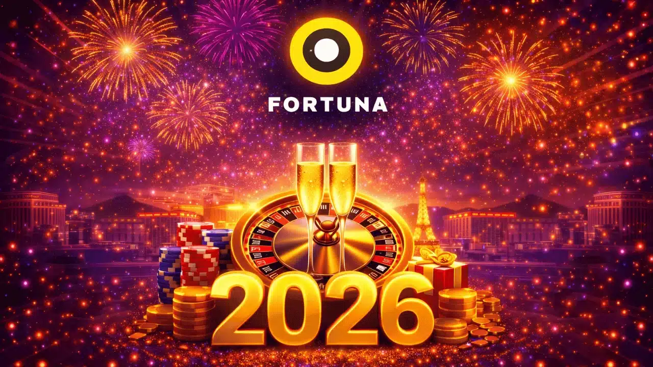 Novoročný banner Fortuny s ohňostrojom, ruletou a číslom 2026