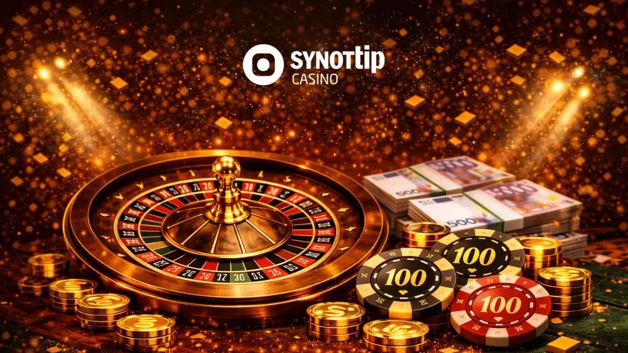 Banner Synottip casino so zlatou ruletou, bankovkami a žetónmi