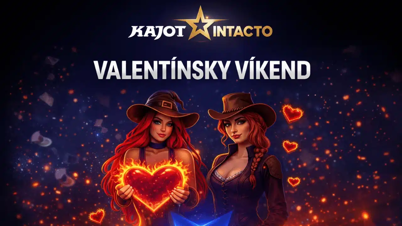 Banner Kajot Intacto Valentínsky víkend s dvoma postavami a ohnivým srdcom