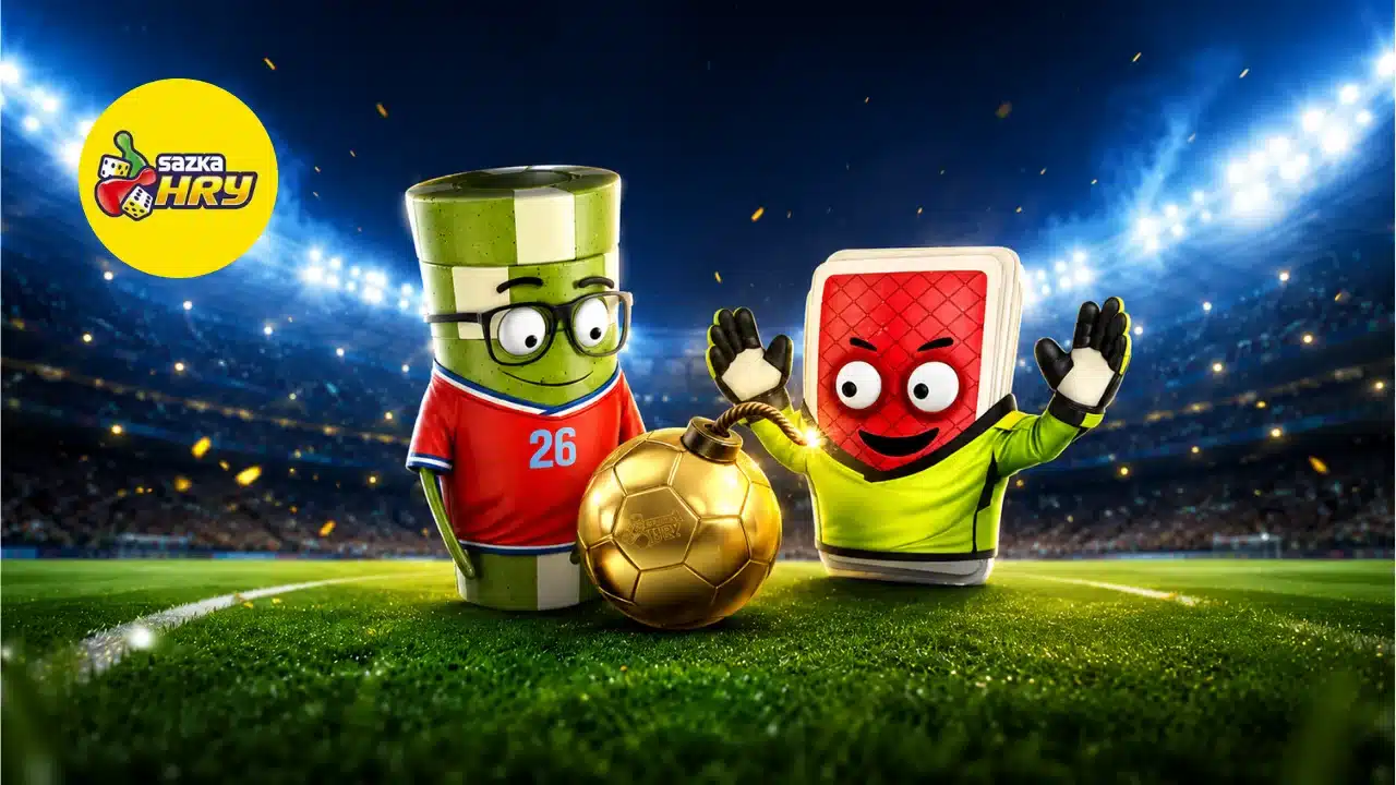 Banner Sazka Hry s dvoma kreslenými futbalistami a zlatou loptou