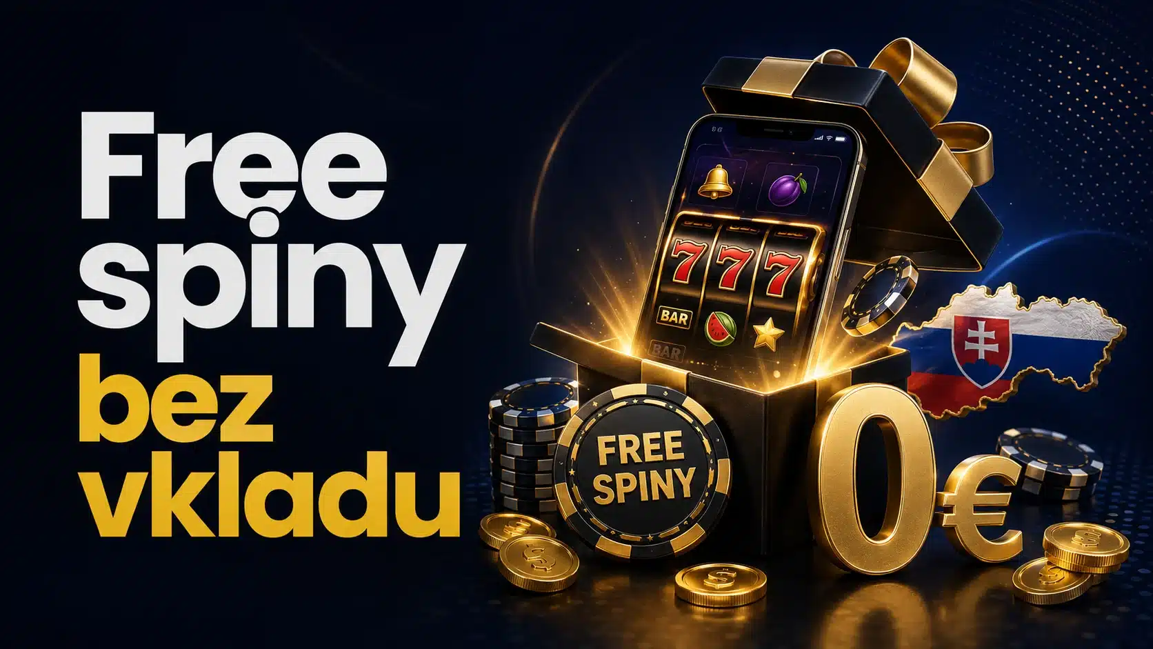 Nápis Free spiny bez vkladu s mobilom, žetónmi a mapou Slovenska