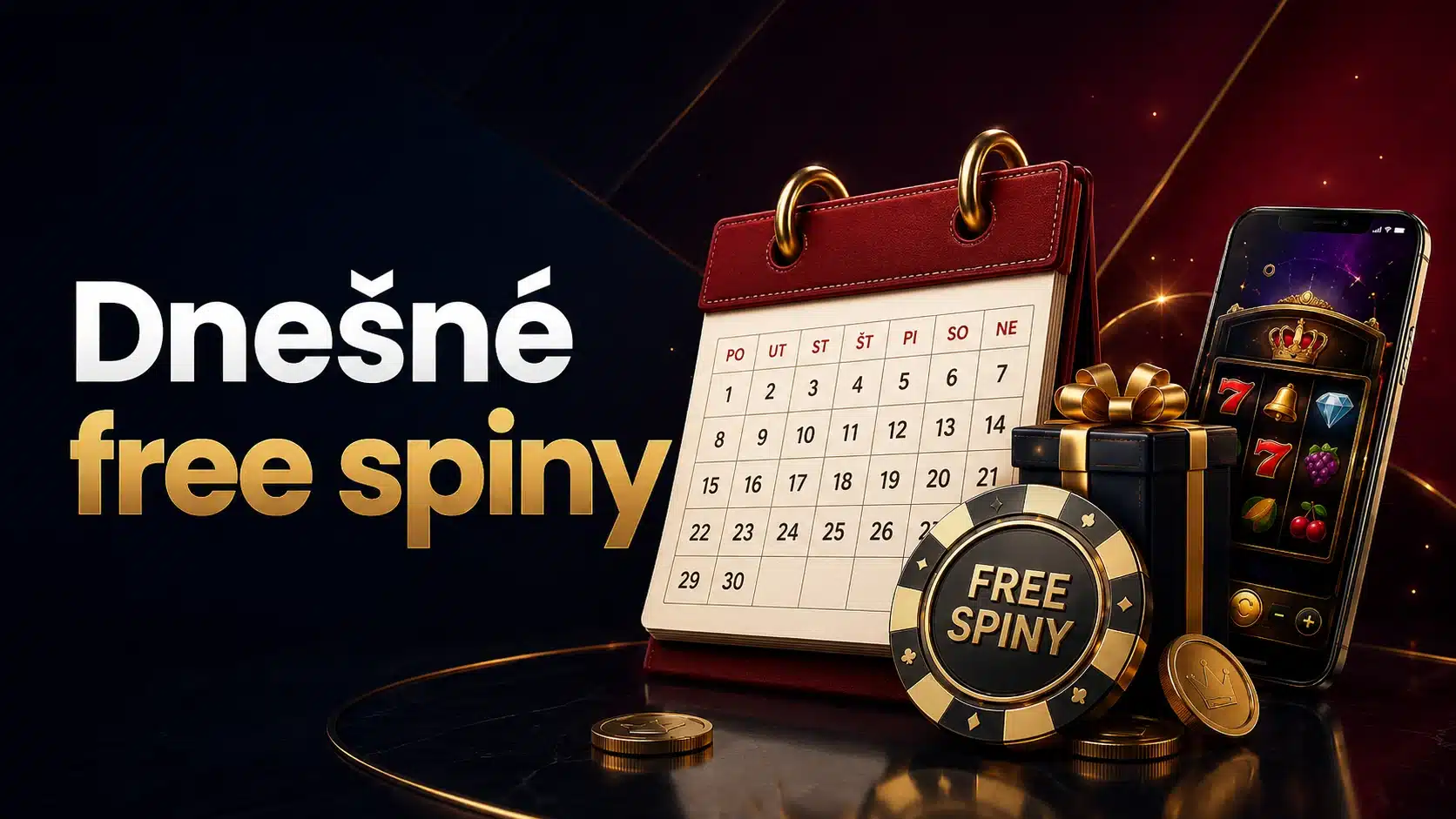 Nápis Dnešné free spiny s kalendárom, mobilom a žetónom Free spiny